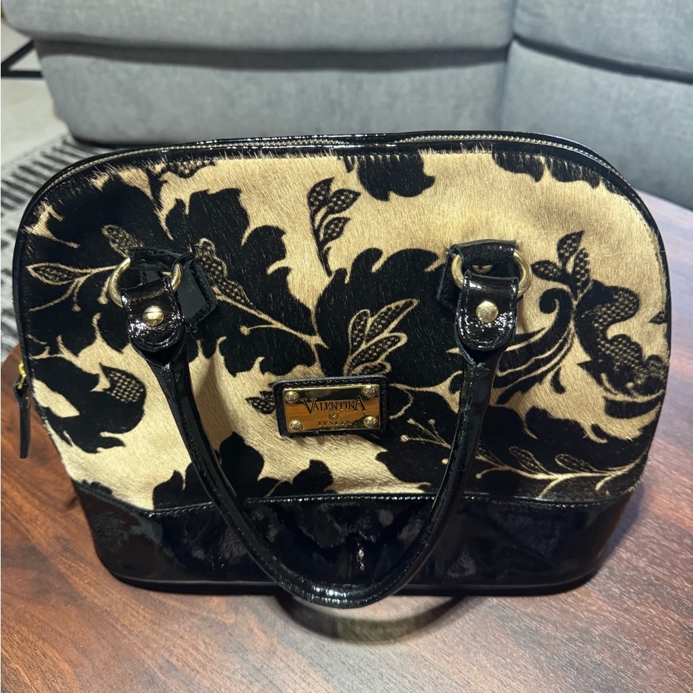Valentino Black and Tan Floral Satchel